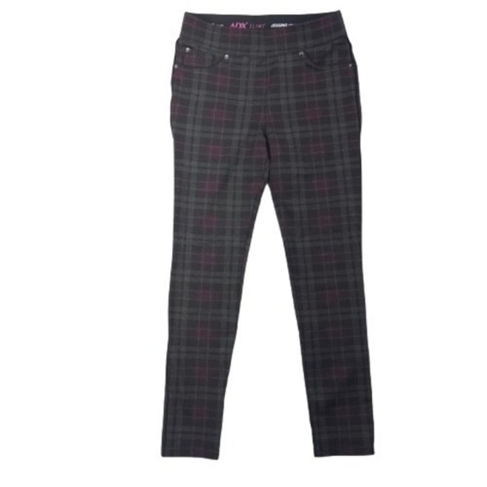 Comfy Women's Medium Dark Academia Grey and Burgundy Plaid Pants Pull-on